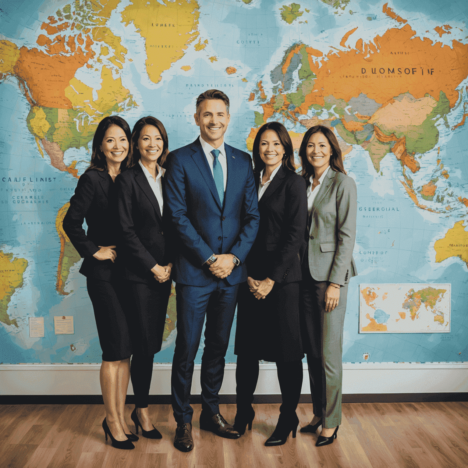 The Compaundfi Travel team standing together in front of a world map, smiling and ready to assist clients. They are dressed in professional attire with a mix of ages and ethnicities, representing the diversity of our global clientele.