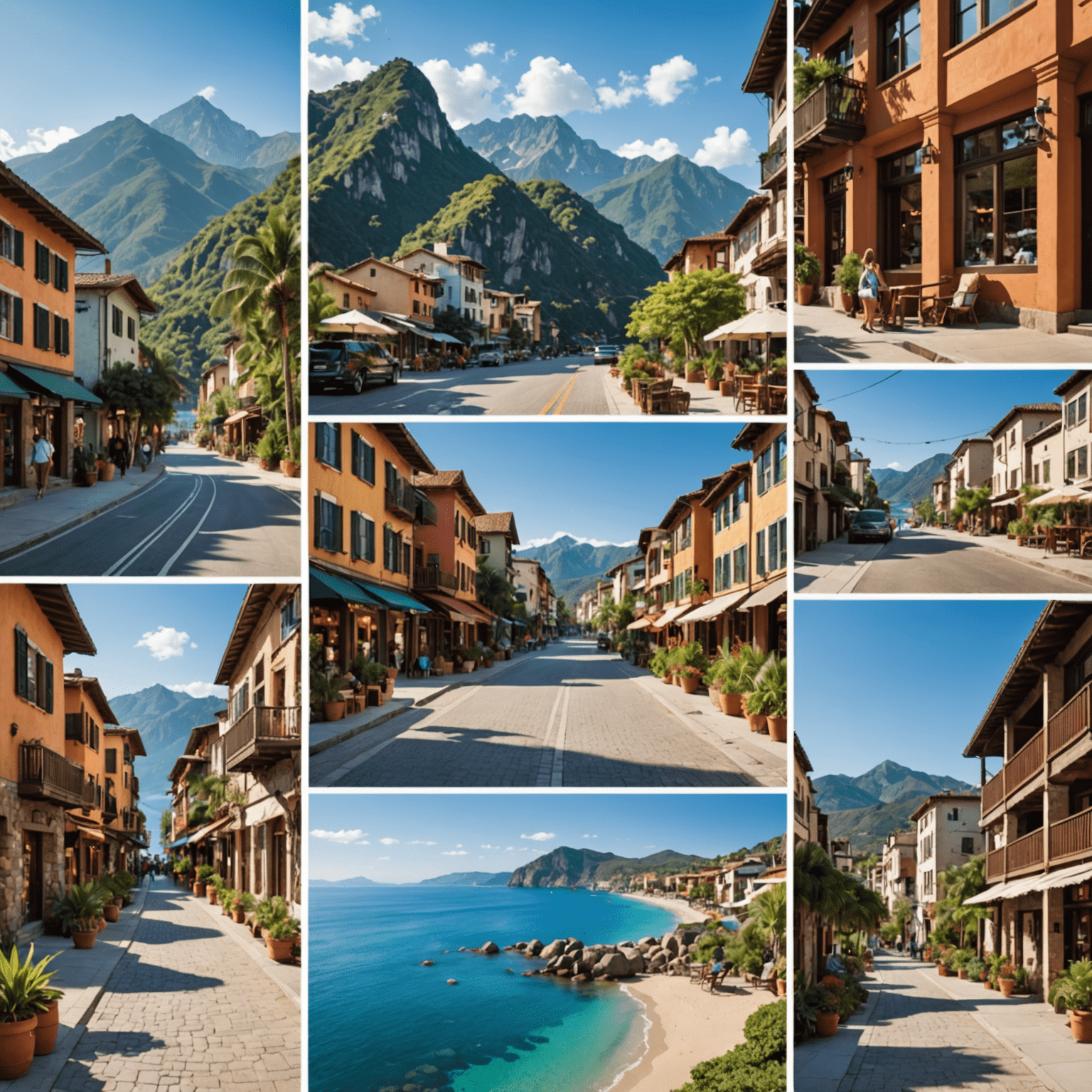 Collage of trending travel destinations including a beach resort, a mountain hiking trail, and a bustling city street