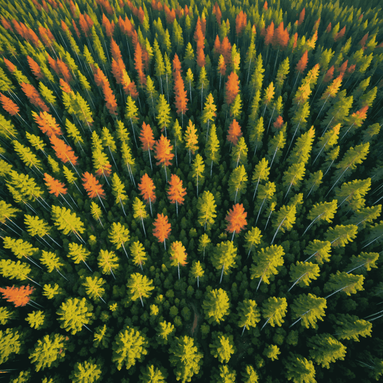 Aerial view of the colorful Crooked Forest in West Pomerania, Poland. The pine trees are bent at 90-degree angles near the base, creating a surreal landscape.