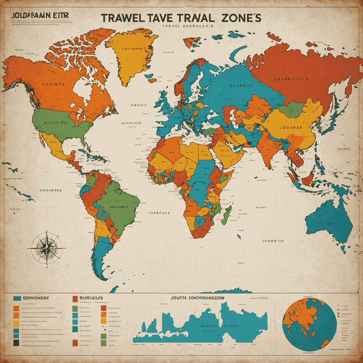 A world map with highlighted travel advisory zones, showing different colors for various risk levels