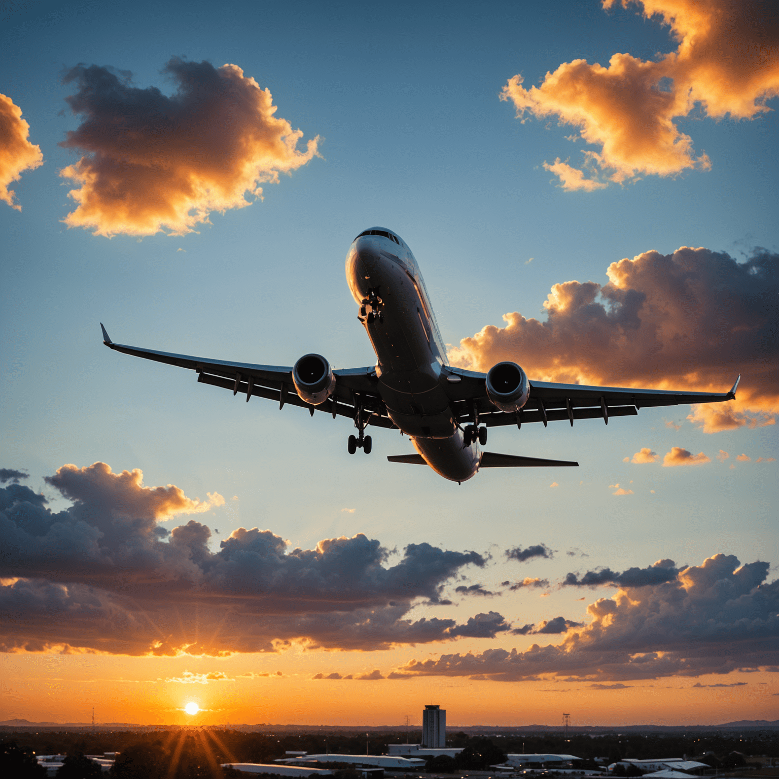 Airplane taking off against a sunset sky, symbolizing flight bookings