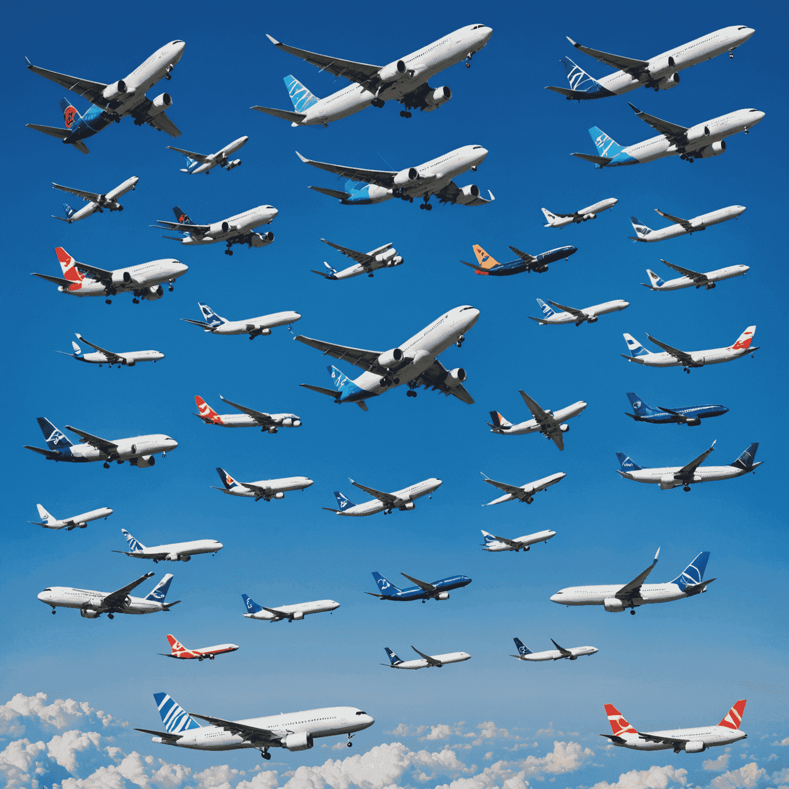 A collage of various airplanes from different airlines flying in a clear blue sky, symbolizing the wide range of flight options available through Compaundfi Travel