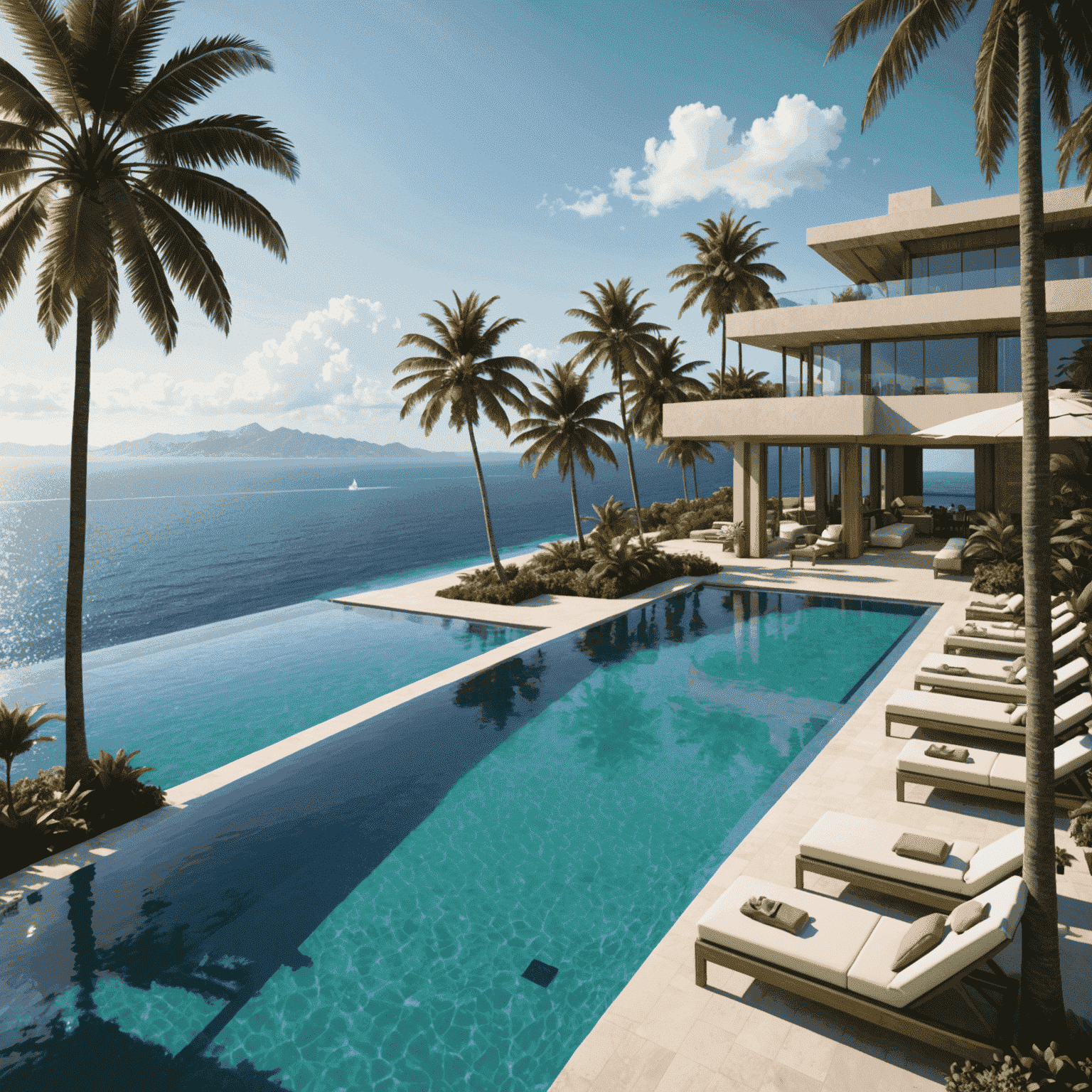 Luxurious resort with ocean view, infinity pool, and palm trees