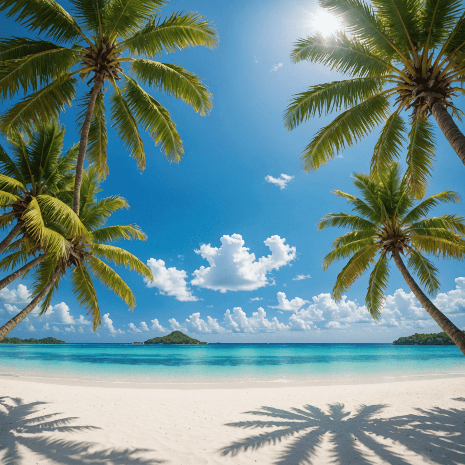 A beautiful tropical beach with palm trees, crystal clear water, and white sand