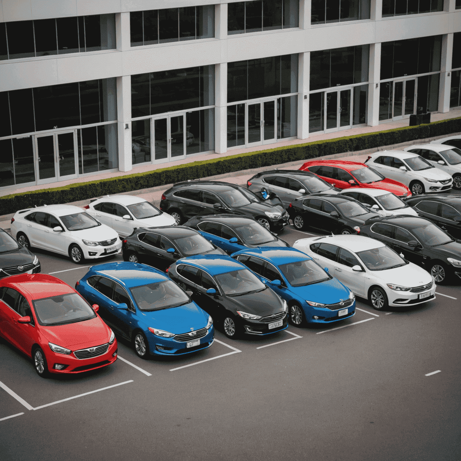 A diverse fleet of rental cars ranging from compact cars to luxury vehicles, parked in a row ready for customers