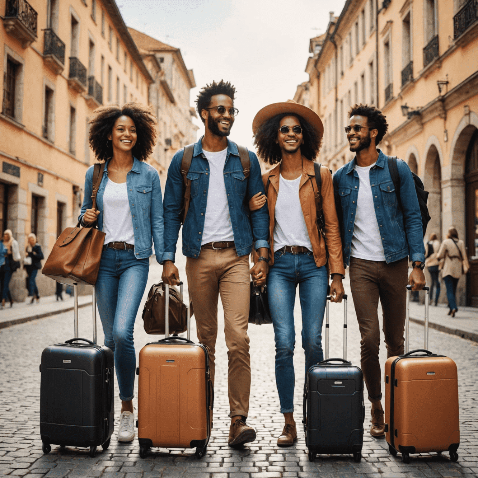 A group of happy travelers with their luggage, smiling and looking carefree, representing the peace of mind that comes with travel insurance