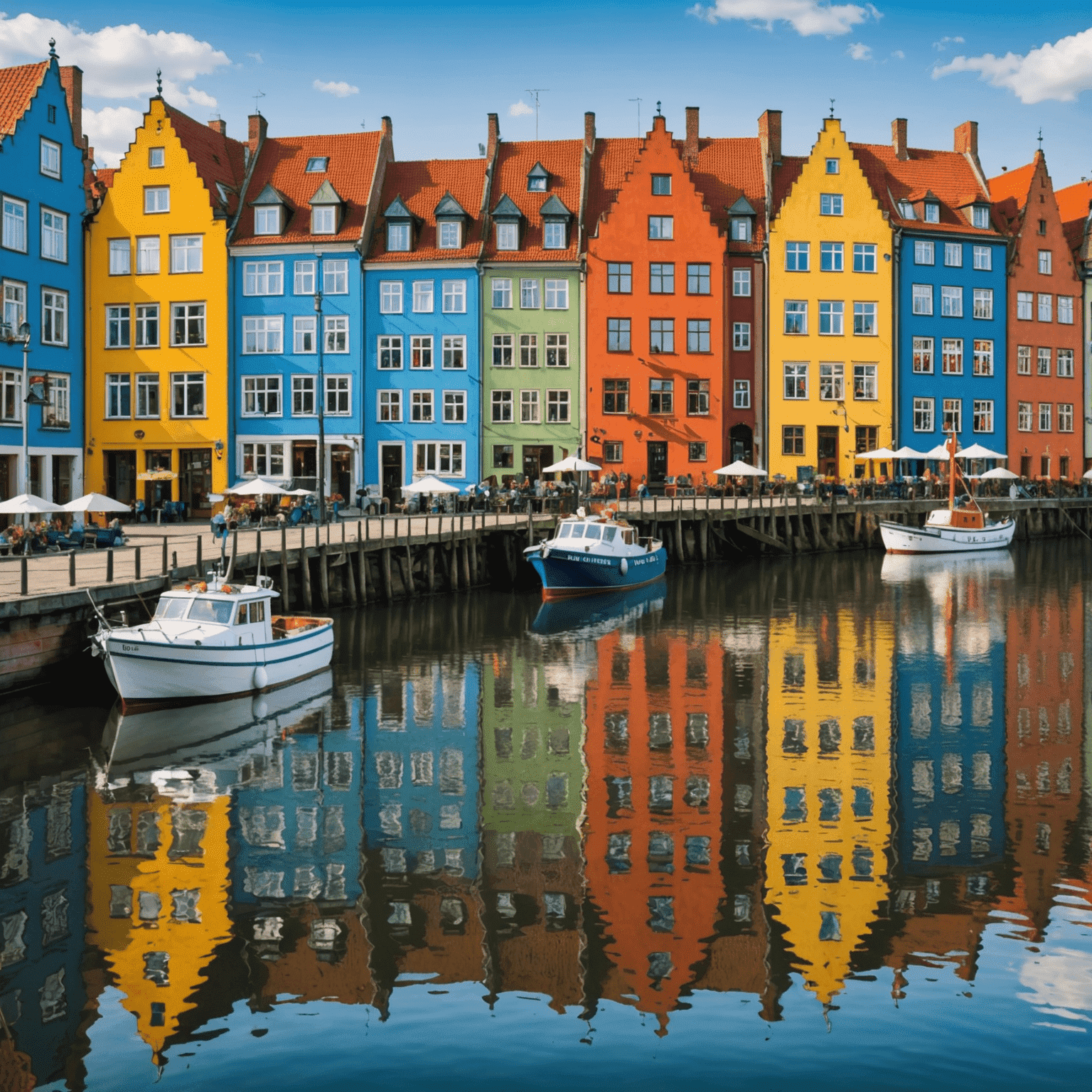 Panoramic view of the colorful houses and boats along the Motława River in Gdańsk, Poland, showcasing the city's vibrant waterfront and historic architecture.