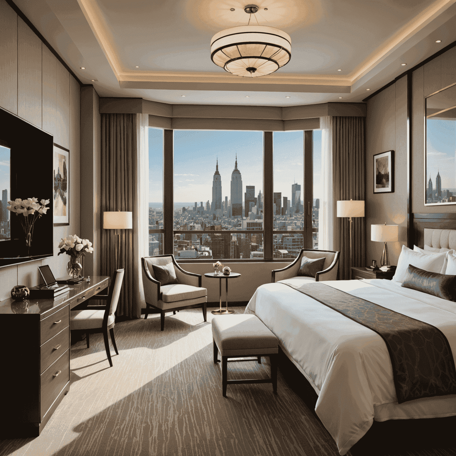 Luxurious hotel room with a city view, representing hotel accommodations