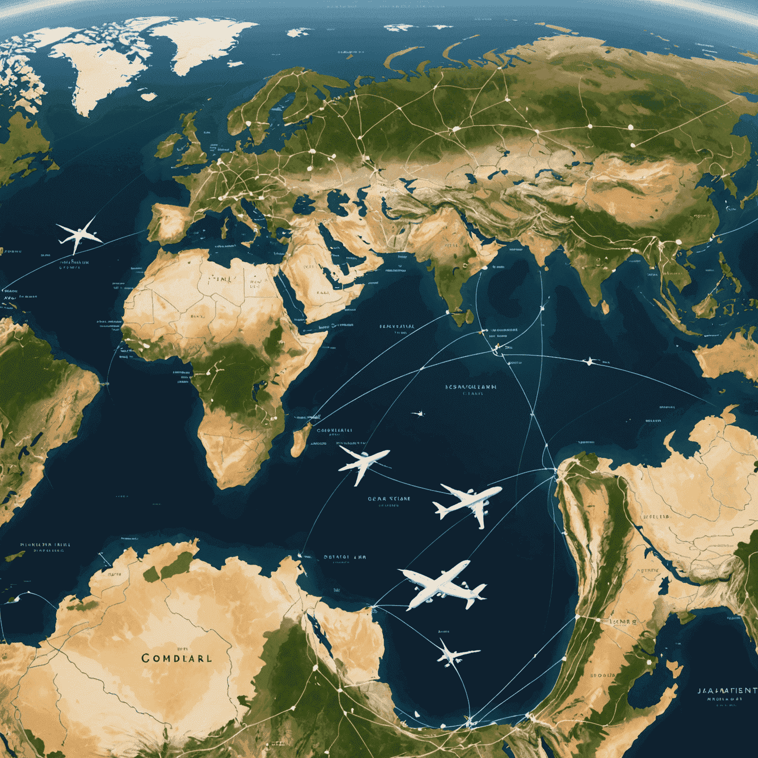 A world map with animated flight paths connecting various cities, showcasing Compaundfi Travel's global reach in flight bookings