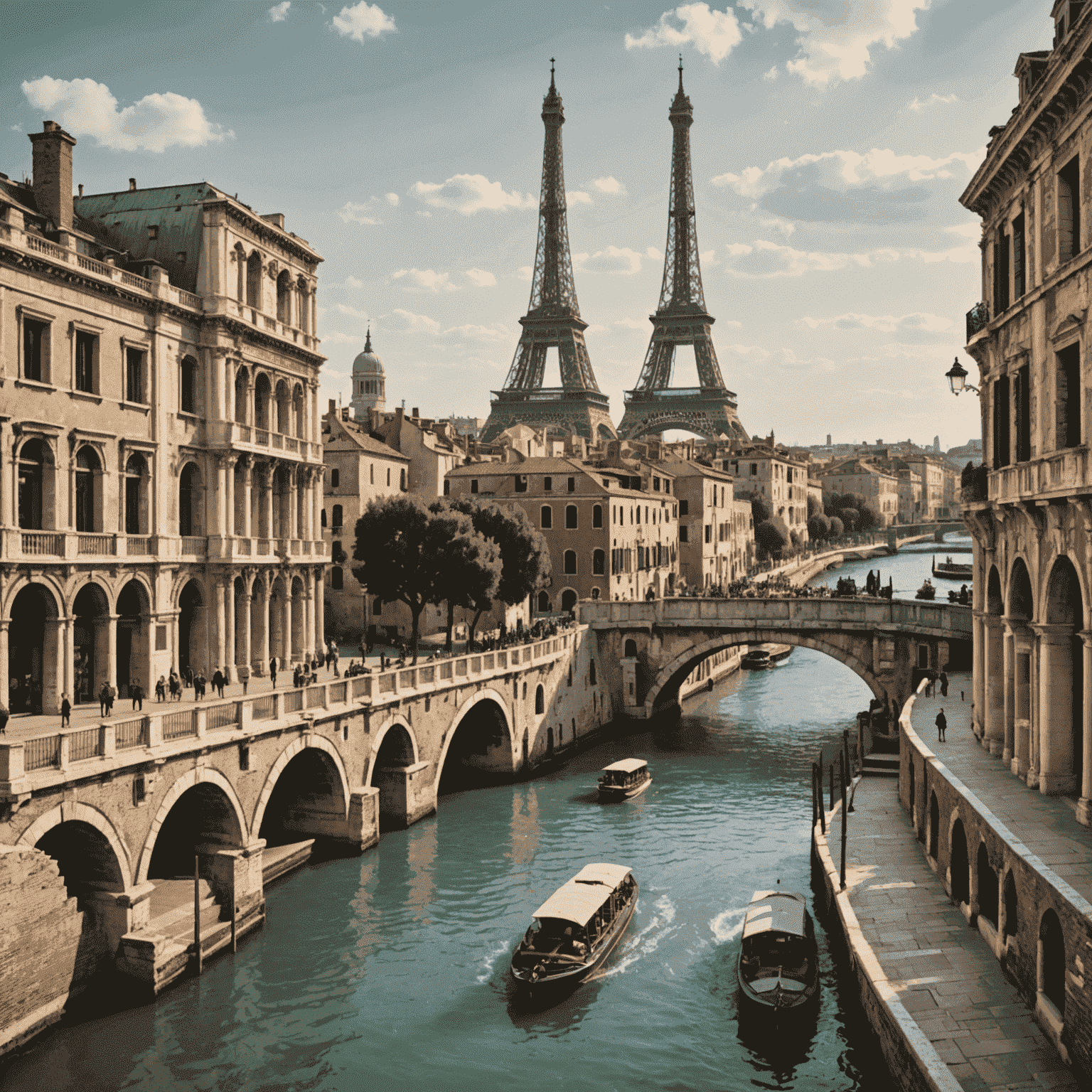 A collage of European landmarks including the Eiffel Tower, Colosseum, and canals of Venice