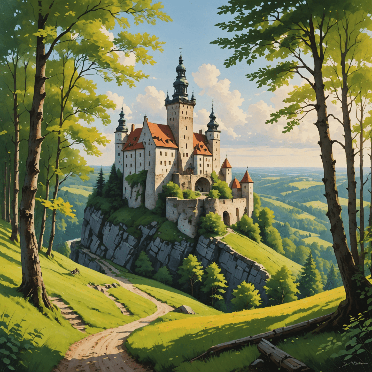 Picturesque Polish landscape featuring a hidden castle nestled in lush forests, representing Poland's lesser-known attractions