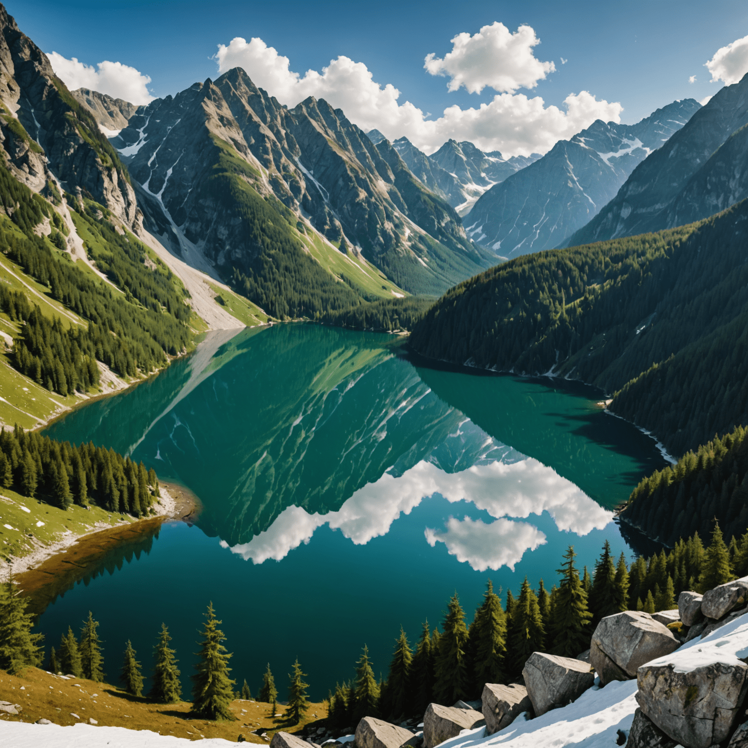 Stunning view of the emerald-green Morskie Oko lake surrounded by snow-capped peaks of the Tatra Mountains in Poland.