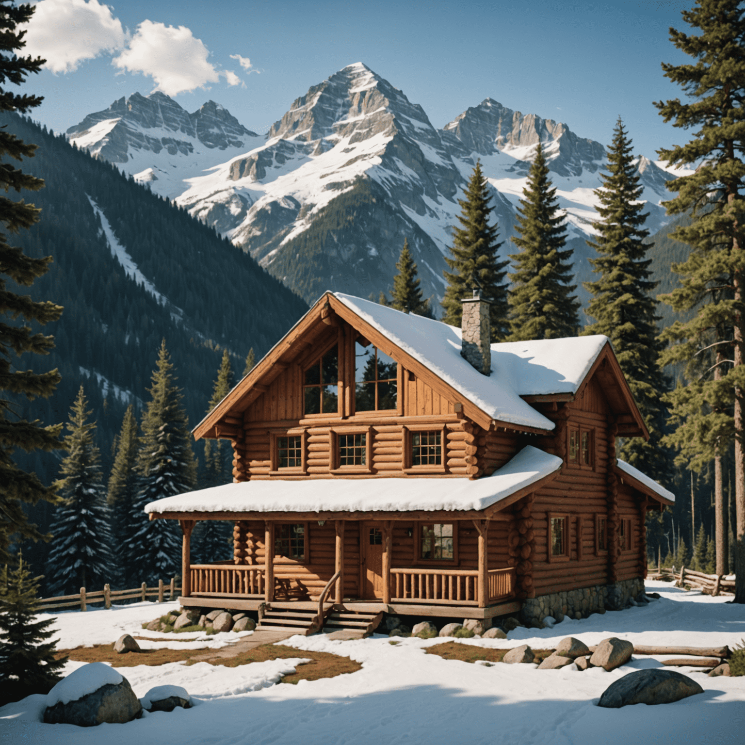 A cozy mountain cabin surrounded by snow-capped peaks and pine forests