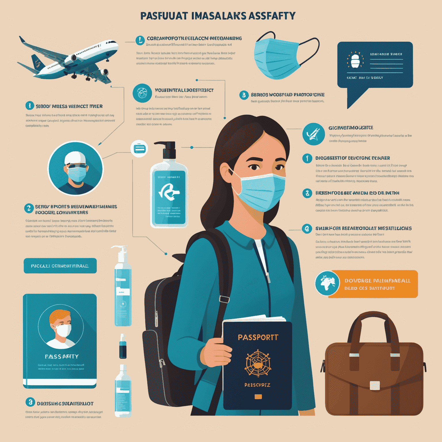 Infographic showing travel safety icons such as a passport, face mask, and hand sanitizer, representing current travel safety measures