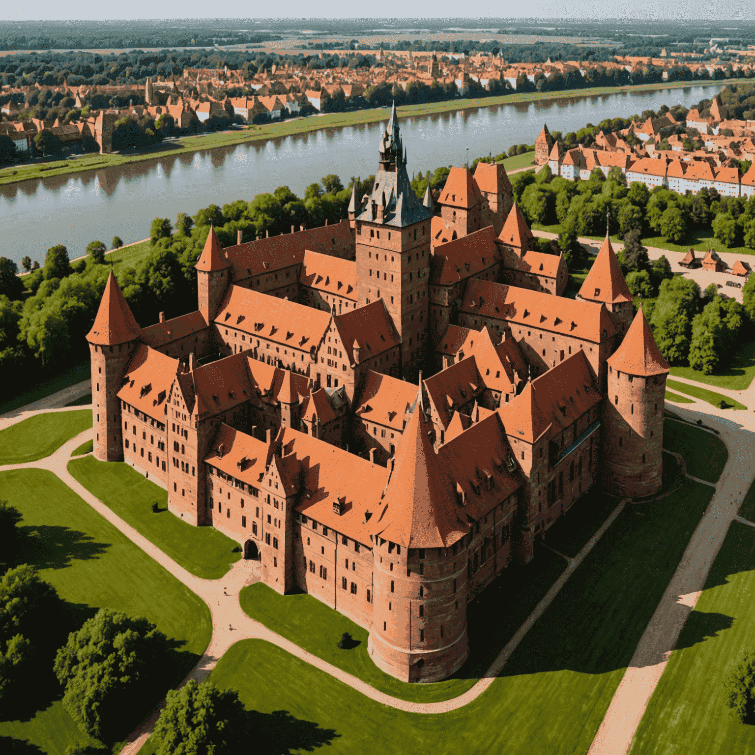 Aerial view of the medieval Malbork Castle, the largest castle in the world by land area, showcasing its red brick architecture and expansive grounds along the Nogat River in Poland.