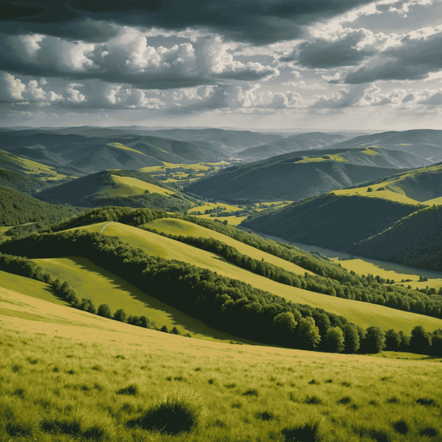 Panoramic view of the Bieszczady Mountains in southeastern Poland, showcasing rolling hills covered in lush forests and meadows under a dramatic sky.